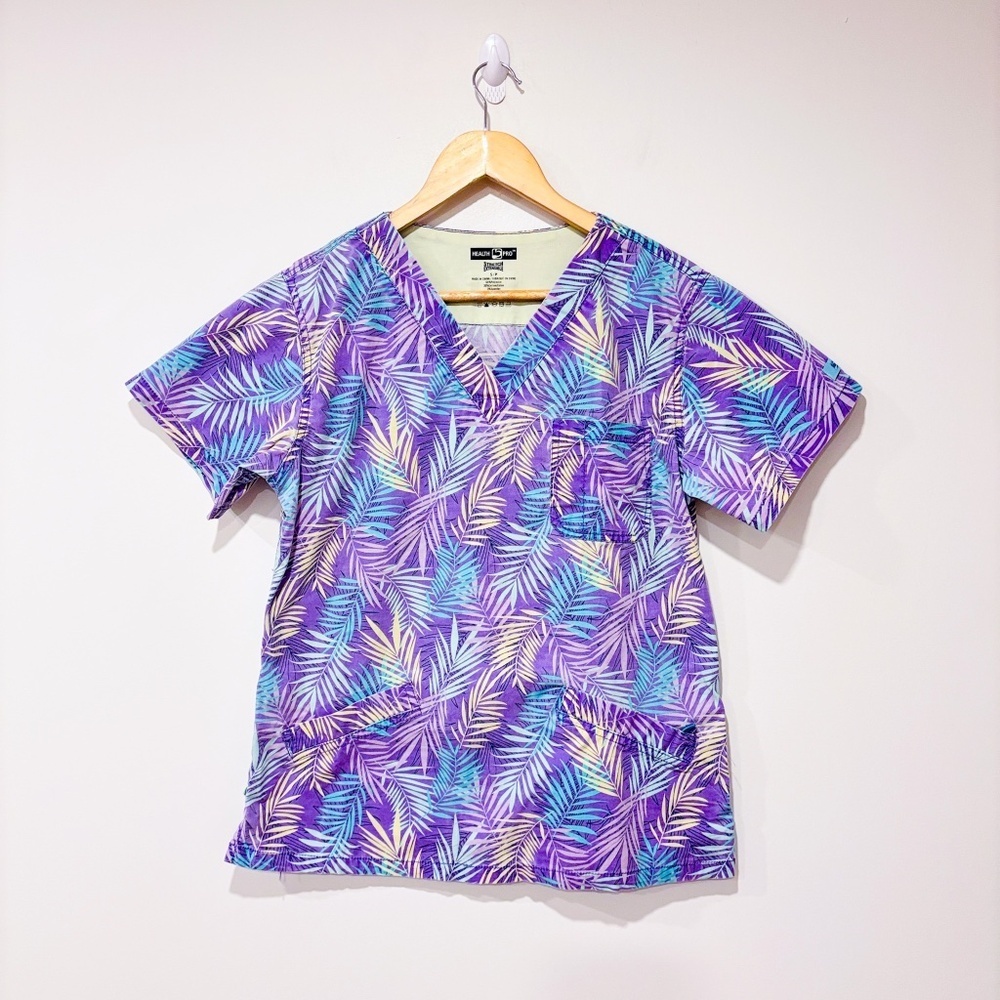 HEALTH PRO Purple‎ scrub top with tropical leaf print | Small *